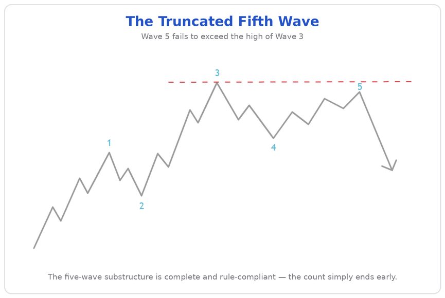 "The missing distance is made up": truncated fifth wave with an unreached Fibonacci target; the difference is marked as a measured distance and projected again below the regular correction target.
