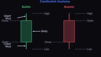 Candle Anatomy: a bullish and a bearish candle side by side, all four prices labeled, body and wicks named.